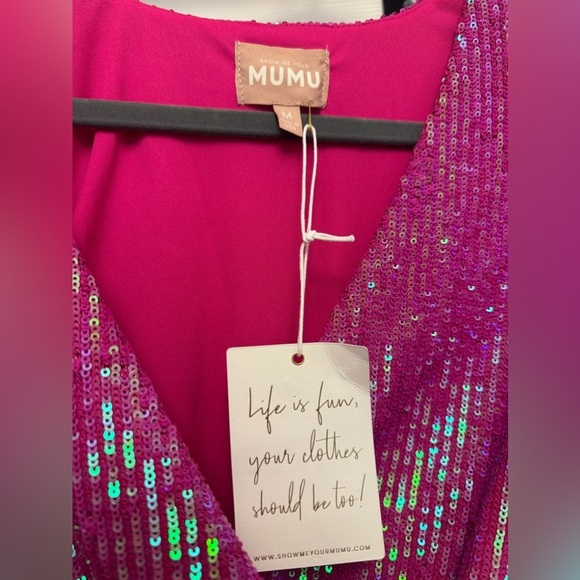NWT Show Me Your MuMu Party Hop Hot pink disco Sequin Ruched Mini Dress Sz M - Picture 2 of 5